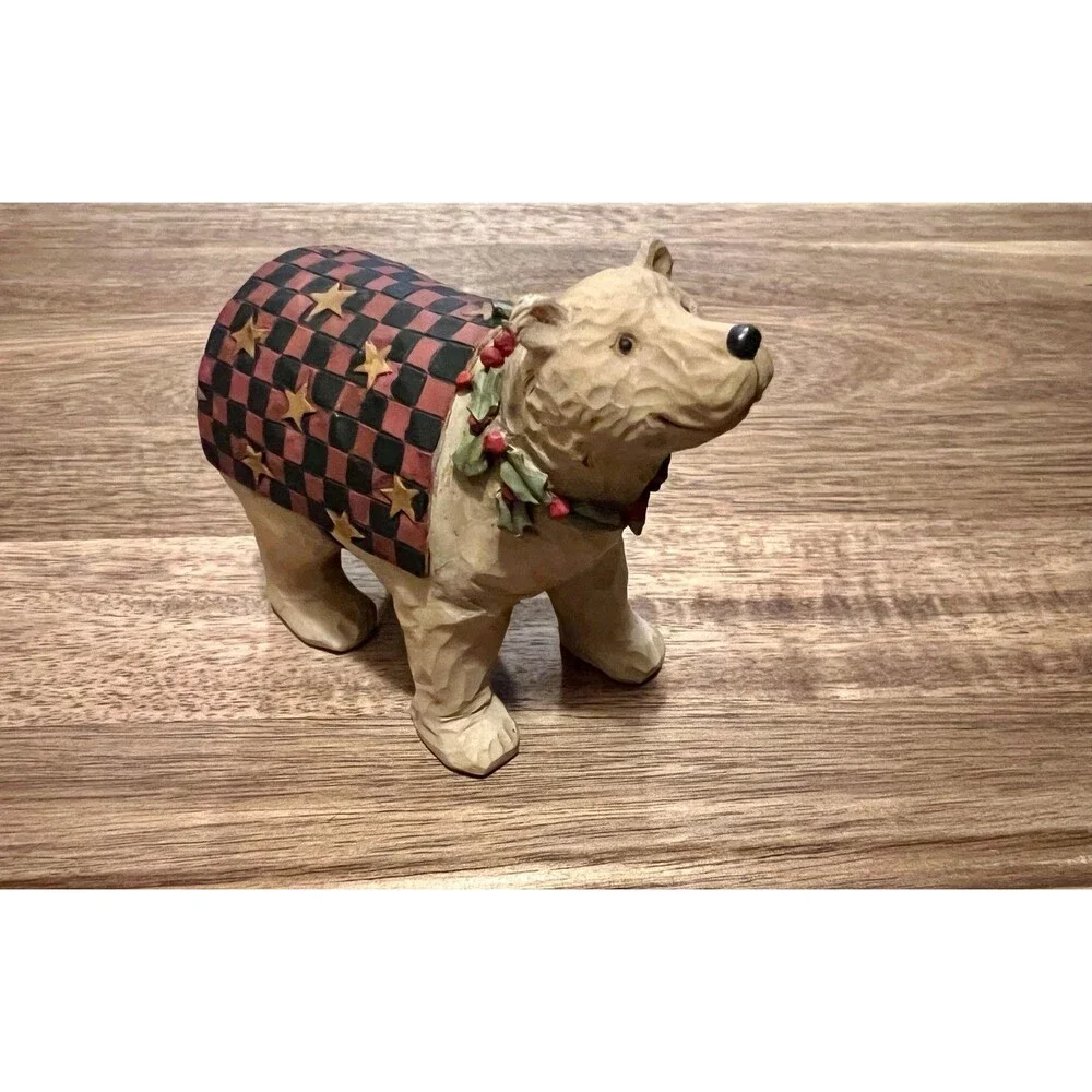 Teresa Kogut Folk Art Checkered Blanket Holy Necklace Christmas Bear Figurine